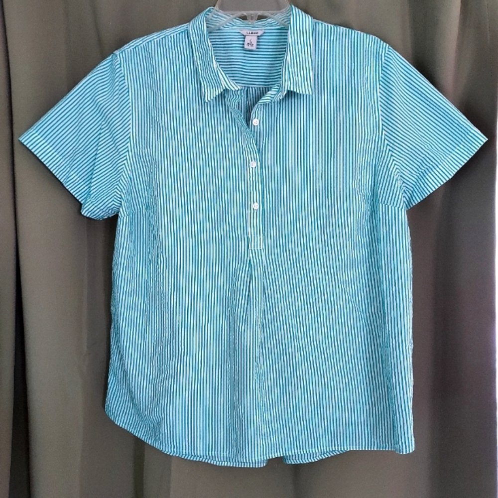 L.L.Bean Green & White Striped Linen Half Button-up Top Beach Costal Vacay